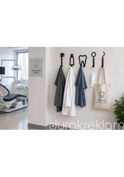 Diş Hekimi Temalı Metal Duvar Askılığı 5'li Dekoratif Diş Kliniği Askılık Siyah