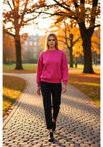 Benerly Kadın Bisiklet Yaka Düşük Kol Regular Kalıp Örme Sweatshirt Fonks Fuşya