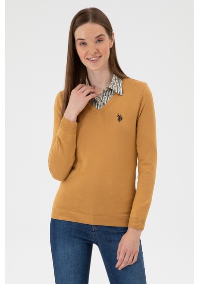 U.S. Polo Assn. Kadın Camel V Yaka Basic Kazak 50313590-VR015