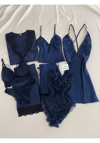 Mh Moony Homewears Kutulu 8'li Saten Satürn Gecelik Pijama Iç Giyim Çeyiz Seti Lacivert