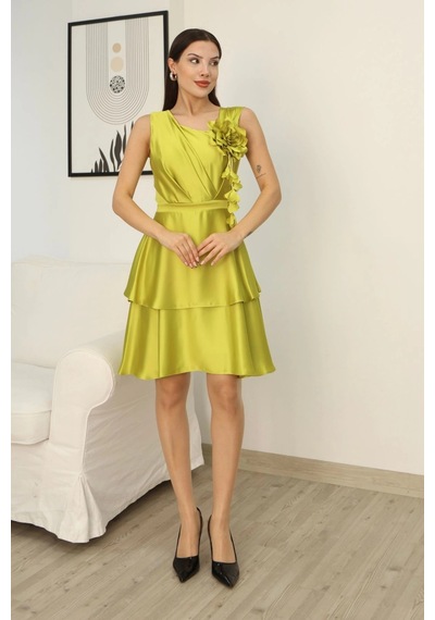 Lodmela Çiçek Detaylı Saten Elbise 2371-olive Olive