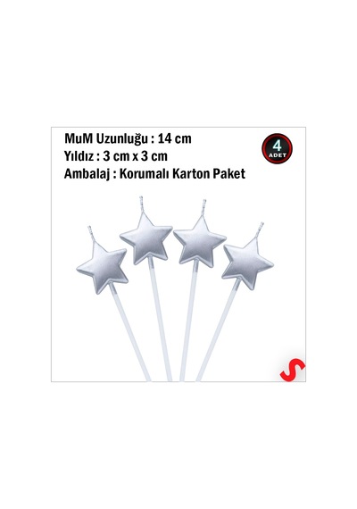 Çubuklu Metalik Gümüş Yıldız Mum - 14 Cm X 4 Adet