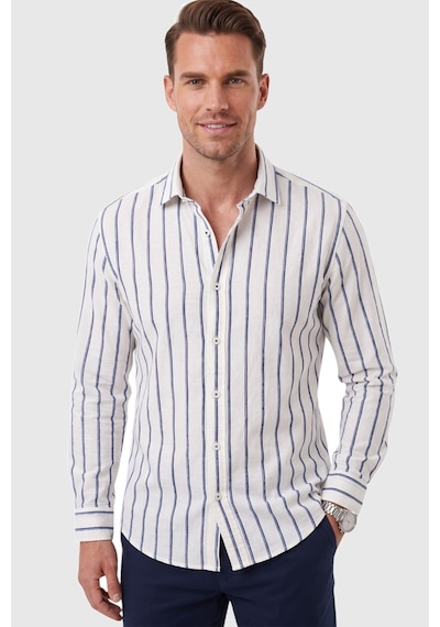 Deepsea Erkek %100 Pamuk Slim Fit Dar Kesim Keten Dokulu Çizgili Uzun Kollu Lacivert Gömlek 2600034