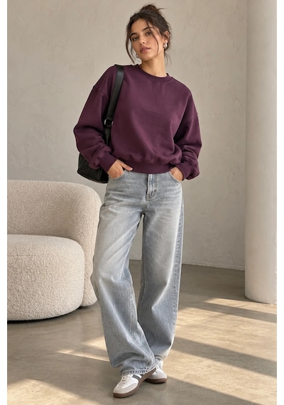 Bbbutikbasic 3 İplik Şardonlu Kısa Sweatshirt Bisiklet Yaka Kadın 3 İplik Şardonlu My3535 Bordo