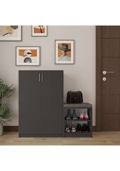Asra Trend Puflu Ayakkabılık A-28 %100 MDF Minderli Geniş Portmanto Koyu Gri