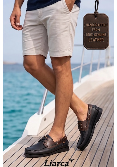 Blue Boy Marina Siyah Kahve Hakiki Deri Lüks Erkek Tekne Ayakkabısı, Makosen, Loafer Ve Casual... Siyah - Kahverengi