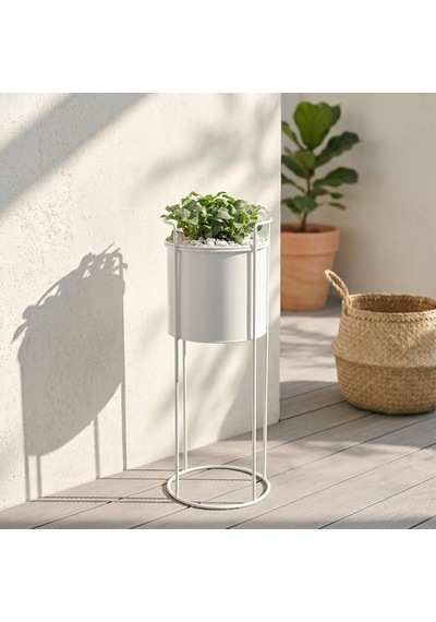 Ayaklı Metal Silindir Çiçek Ve Saksı Standı Beyaz, Orta Diğer