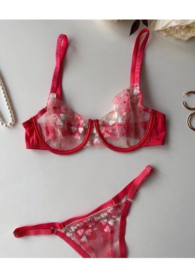 Daniela Kadın Nar Çiçeği Çiçek Desenli Tanga Detaylı Transpran Seksi İkili Sütyen Takım