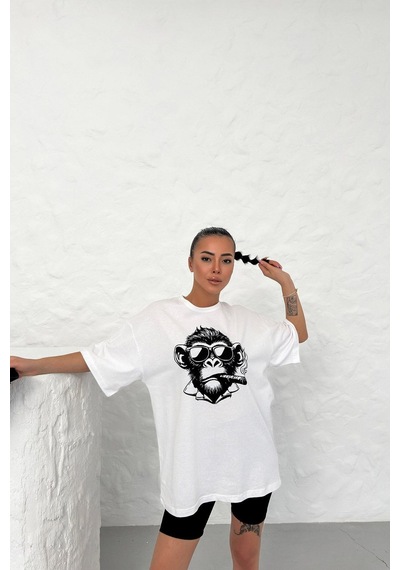 Technomonkey Unisex Beyaz Oversize Techno Maymun Baskılı Tişört