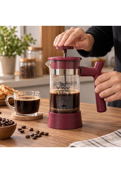 Cam French Press Kahve Ve Bitki Çayı Demliği, Pistonlu Metal Filtreli, Kulplu Coffee Time Baskılı Kahve Presi 350 M Diğer