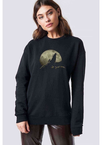 Howling Wolf Moondark Moon Dolunay Kurt Baskılı Siyah Kadın Swea
