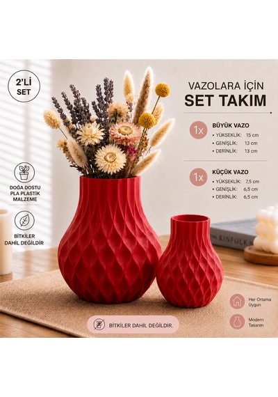 Modern Dekoratif Beyaz Vazo 15 Cm 3d Dokulu Çiçek Vazosu Pla Plastik Saksı Ve Kuru Çiçek Vazosu Ev Ofis Salon Dekoru Kırmızı