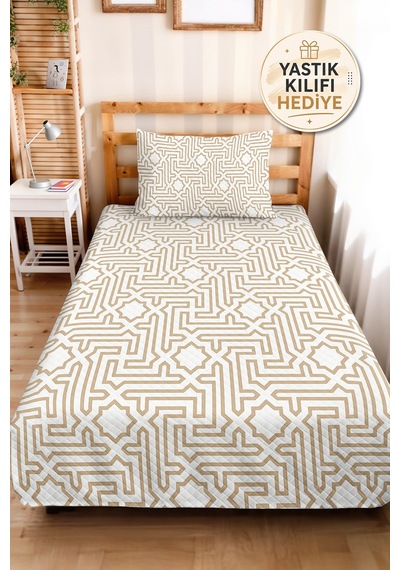 Bej Geometrik Genç Odası Tek Kişilik Pike Takımı - Ekru İskandinav 160x220 Cm Kapitone Yatak Örtüsü Mat Kahve İzi