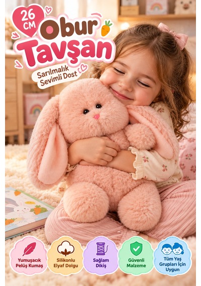 Pembe Obur Tavşan Peluş Oyuncak 26 Cm Yumuşak Welsoft Kumaşlı Sevimli Tombul Tavşan Uyku Arkadaşı