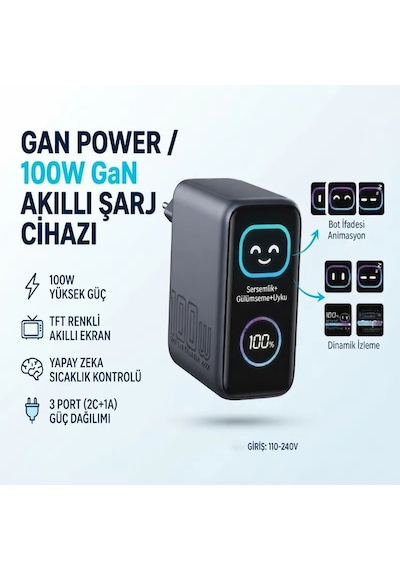 Gan Power Gn-03 100w 3 Portlu Gan Hızlı Şarj Cihazı + 60w Hızlı Şarj Kablosu Hediyeli - Tft Akıllı Renkli Ekran, Bot İfadesi Animasyonlu Adaptör .