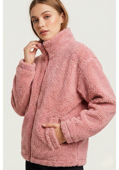 Kadın Peluş Tam Fermuarlı Cepli Sherpa Kuzu Kumaş Oversize Peluş Polar Sweatshirt Pembe