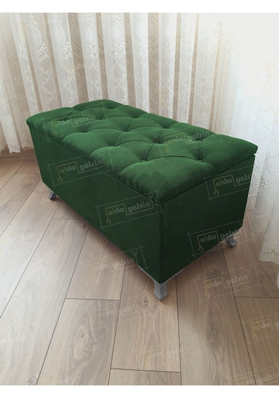 Lüks Sandıklı Kapitoneli Ayakucu Puf Bench 100 Cm Gümüş Ayak Yeşil