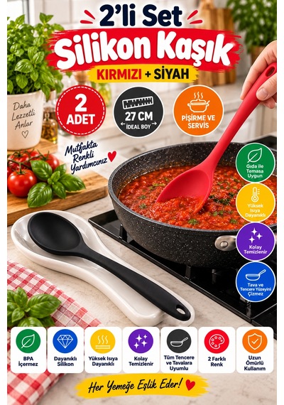 2'li Set Kırmızı Siyah Büyük Boy Silikon Kaşık 27 Cm Mutfak Yemek Pişirme Ve Servis Kaşığı 2 Adetlik