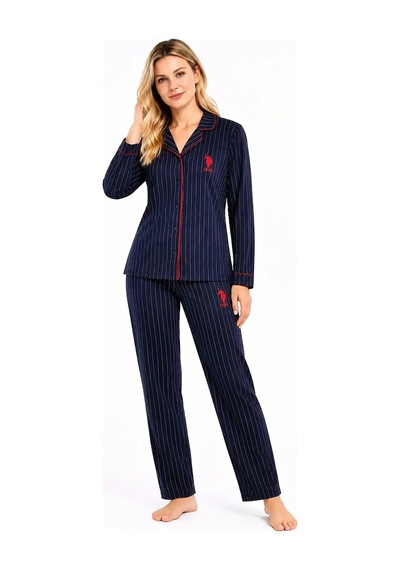 U.S. Polo Assn. Kadın %100 Pamuk Boydan Düğmeli Pijama Takımı Lacivert