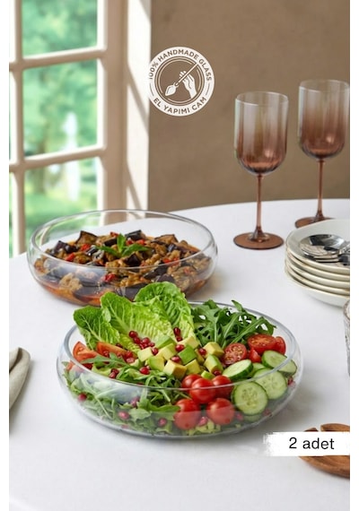 Selen Concept Simge Model Büyük Boy El Yapımı Cam Salata Kasesi 2'li Set Şeffaf