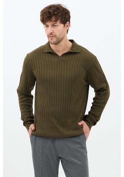 Erkek Haki Slim Fit Uzun Kollu Polo Yaka Triko Kazak Haki