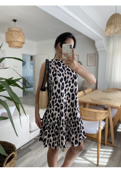 Etiler Collection Kadın Kolsuz Sırttan Bağlamalı Fırfırlı Leopar Desenli Süprem Elbise Leopar