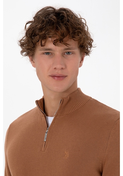 U.S. Polo Assn. Erkek Slim Fit Yarım Fermuarlı Camel Basic Kazak 50313695-VR233