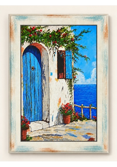 Ahşap Eskitme Yağlı Boya Desenli Sahil Evi Deniz Manzaralı Dekoratif Ahşap Tablo 37x52 Cm
