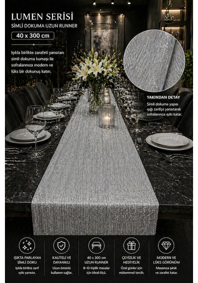 Lumen Serisi Silver 40x300 Cm Simli Dokuma Uzun Runner Modern Lüks Masa Örtüsü 8-10 Kişilik Gümüş
