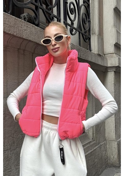 Genel Pembe Sırtı Taş İşlemeli Dik Yaka Kısa Şişme Yelek