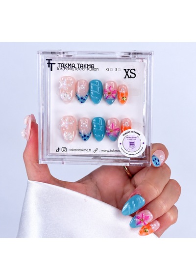 Renkli Nail Art Kısa Badem 15'li Tekrar Kullanılabilir El Yapımı Protez Takma Tırnak Kkbd-3504 M