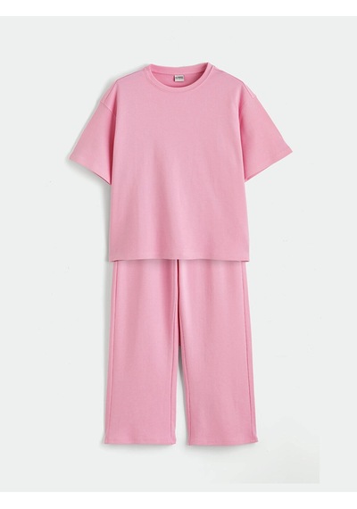 LC Waikiki Lcw Kids Pembe Bisiklet Yaka Kız Çocuk Tişört Ve Eşofman Altı