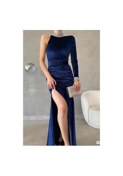 DefyModa Kadın Zarif Tasarım Esnek Saten Kumaş Tek Omuz Yırtmaçlı Abiye Elbise Lacivert DefyModa Kadın Zarif Tasarım Esnek Saten Kumaş Tek Omuz Yırtmaçlı Abiye Elbise Lacivert