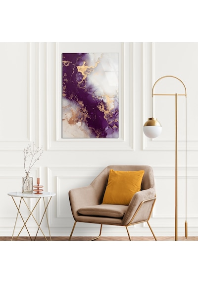 Mor Altın Mermer Cam Tablo Dikey 35x50 Cm
