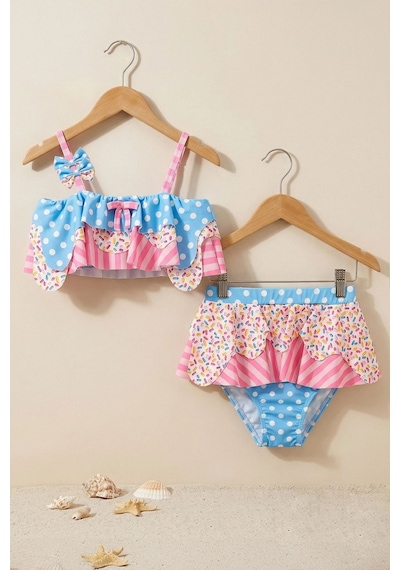 Zuzunga Fırfırlı Kız Çocuk Renkli Şeker Desenli Bikini Takımı Pembe
