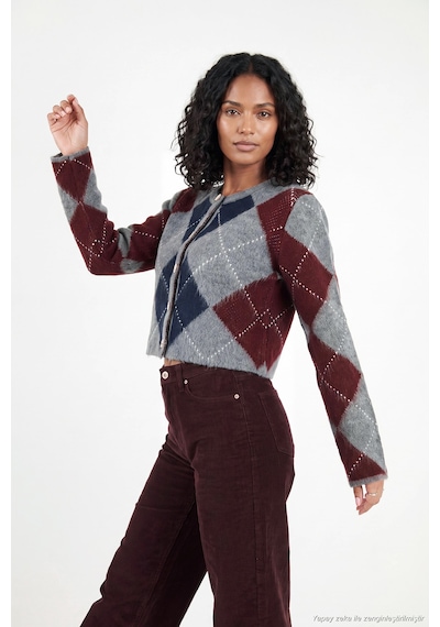 Lela Regular Fit Bisiklet Yaka Baklava Desenli Düğmeli Crop Hırka Kadın Hırka 4615570 Antrasit
