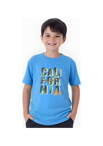 Panios Kids 1976 Cali Baskılı Erkek Çocuk Yuvarlak Yaka Kısa Kollu T-shirt Mavi