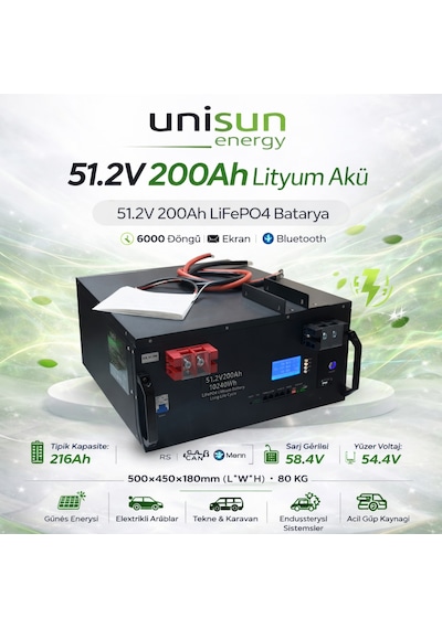 Unisun 51.2v 200ah Lifepo4 Batarya 6000 Cycle + Ekran + Bluetooth + Haberleşme