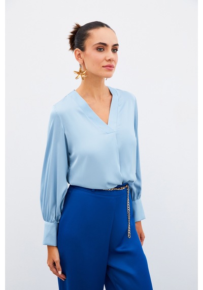 Sateen V Yaka Saten Bluz - Bebe Mavi-134904 Bebe Mavi