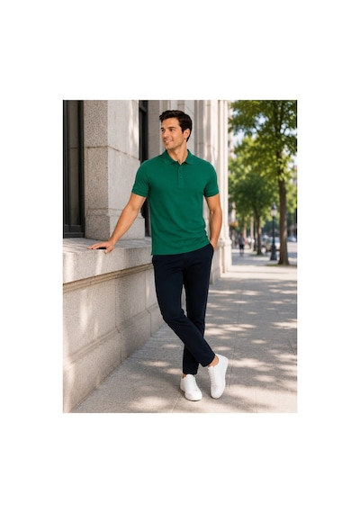Luxıc Core Erkek Polo Yaka Yeşil Tişört Likralı Pike Kumaş Terletmez Slim Fit Günlük Şık Tasarım