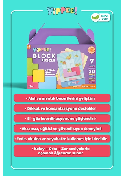 Block Puzzle - Eğitici Zeka Oyunu 7 Blok 20 Seviye Kart 3 Zorluk Akıl Ve Mantık Oyunu