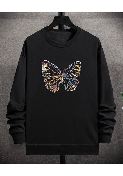 Startmore Siyah Renkli Kelebek Baskılı 0 Yaka Kapşonsuz Pamuklu Sweatshirt Siyah