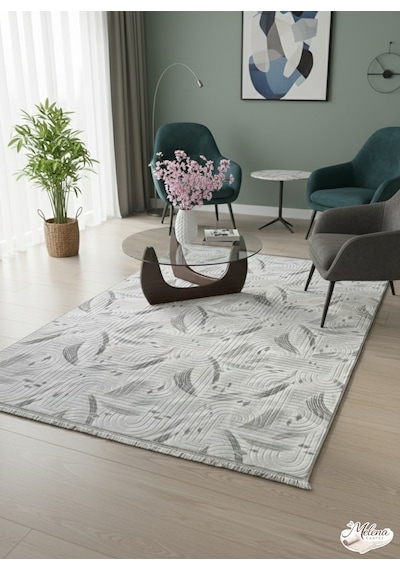 Konak Halı Modern Gri Çizgisel Desenli Emboss Saçaklı Salon Halısı Gri