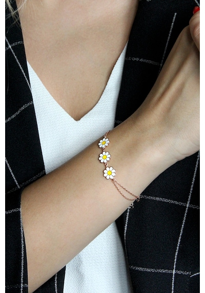 Gümüş Üçlü Rose Papatya Dizisi Bileklik -  B076401