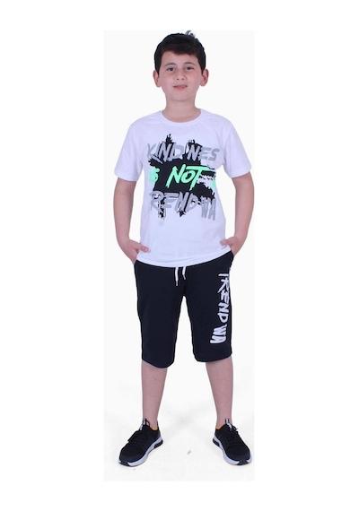 Fyk Kids Kind Nes-trend Wa Yazı Baskılı Erkek Çocuk Kapri Takım Beyaz