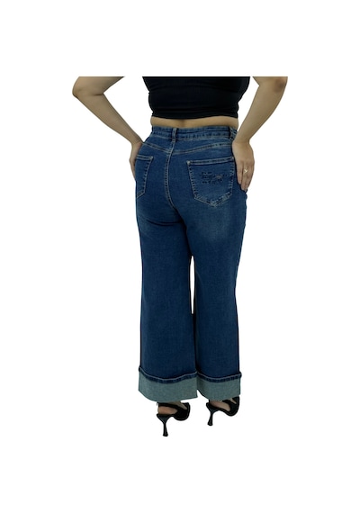 Büyük Beden Denim Toparlayıcı Yüksek Bel Taşlı Geniş Paça Kadın Pantolon Mavi