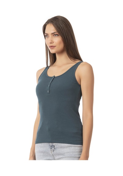 Özkan Underwear Özkan 27063 Kadın Pamuklu Likralı Kaşkorse Fitilli Esnek Rahat Önü Patlı Kalın Askılı Örme Atlet Yeşil