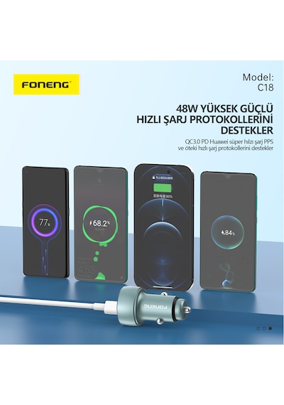 Foneng C18 48W 1xUsb 1xType-C Giriş Dijital Göstergeli Araç içi Çakmaklık Şarj Aleti