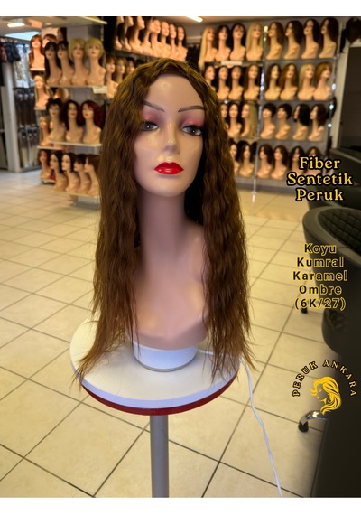 Afro Su Dalgası Peruk Fiber Sentetik Koyu Kumral Karamel Ombre