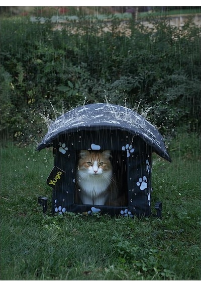 Yuga Pati Desenli Siyah Kedi Evi Isı Ve Yağmur Korumalı